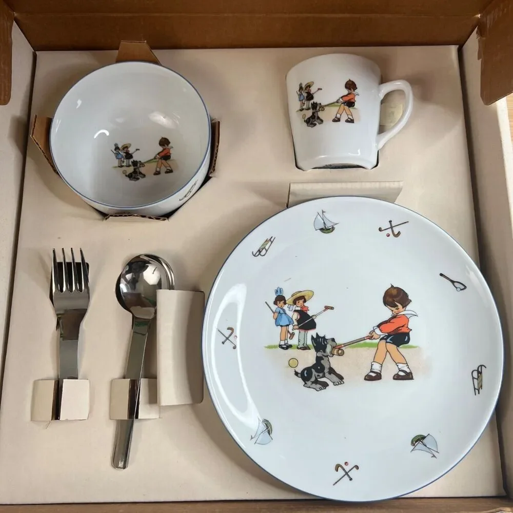 NIB Pier 1 Imports Children Playing Games Croquet Dog Complete Plate Bowl Cup Se
